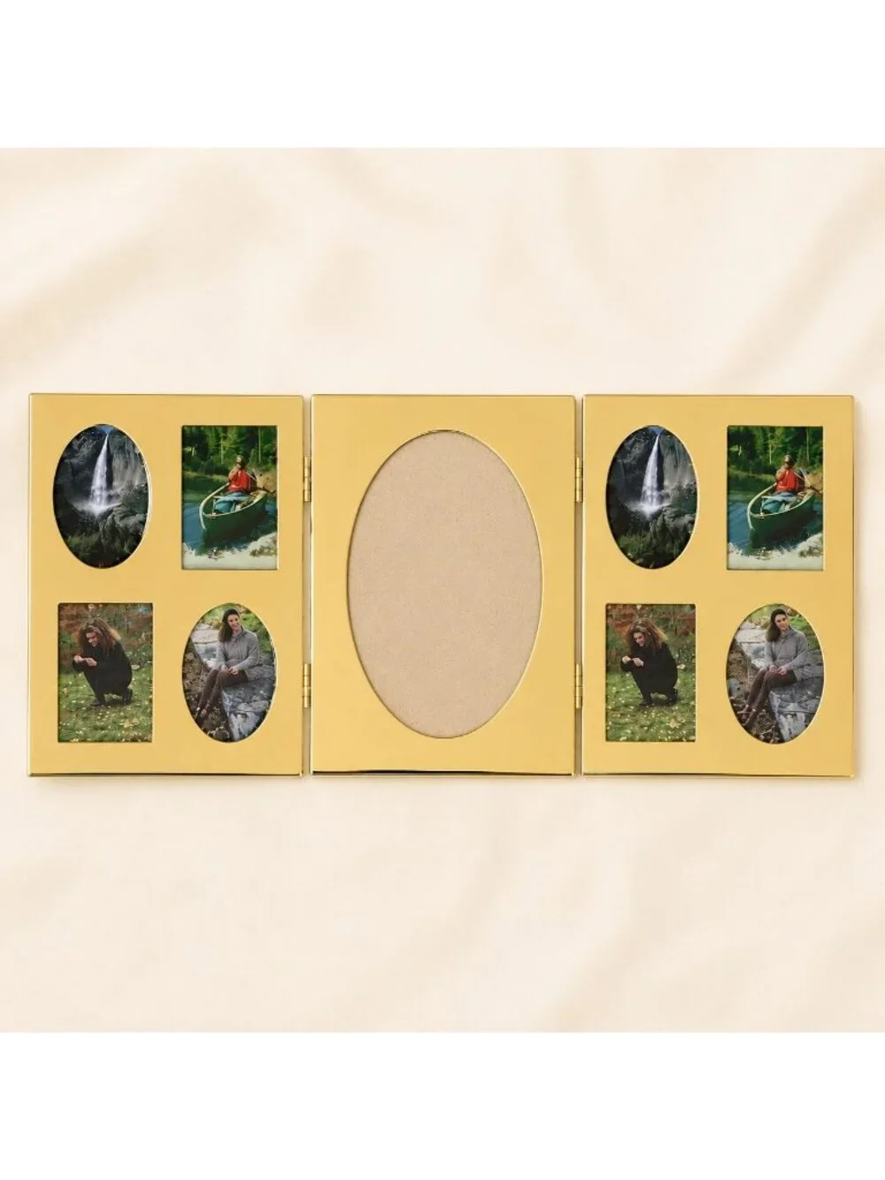 Vintage Tri Fold Picture Frame Gold Tone 80s Oval Folding Multi Photo Display